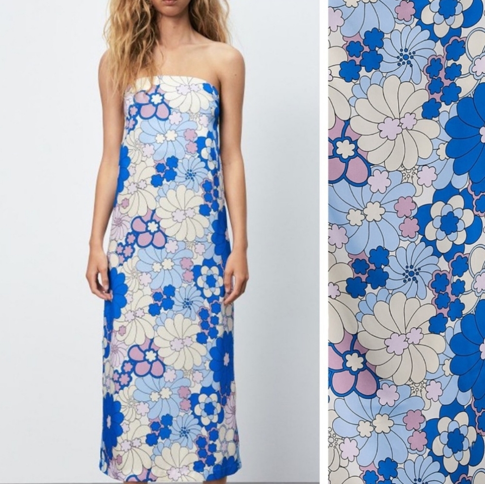 Zara Strapless Floral Dress - Blue and White